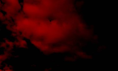 Siyah arka planda yapay kırmızı duman. Karanlık zeminde soyut renkli duman. Beton zemin ve duman arka planda. Karanlık oda beton zemininin soyut görüntüsü. Ürün yerleştirme için siyah oda veya sahne arka planı..