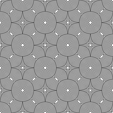 Vektörsüz desen. Modern stil dokusu. Çizgili geometrik fayansların tekrarı. Çizgiler, çizgiler ve çizgilerle soyut geometrik desen. Siyah ve beyaz desen. Basit kafes çizimi..
