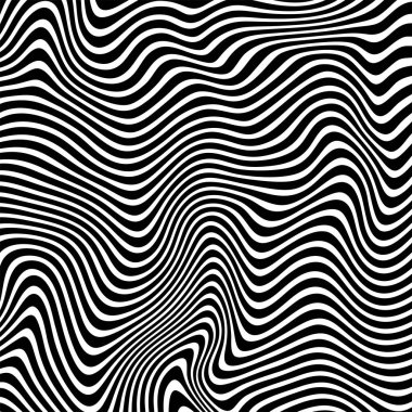 Dalgalı çizgilerin soyut deseni ya da dalgalı üç boyutlu kabartma, siyah beyaz çizgili arka plan. Çarpık çizgili, modern moda eğrileri, geometrik desen, dokulu arka plan. Optik dalgalar