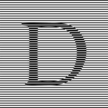 Siyah ve beyaz çizimler, ok şeklinde hız çizgileri içinde D harfi olan soyut yatay çizgiler. Geometrik sanat. Logo, dövme, web sayfaları, baskılar, posterler için modaya uygun tasarım ögesi