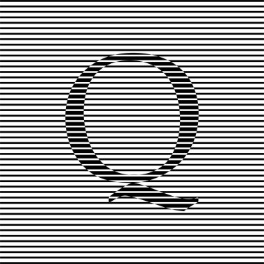 Siyah ve beyaz çizimler soyut yatay çizgiler içinde Q harfi ile ok şeklinde hız çizgileri. Geometrik sanat. Logo, dövme, web sayfaları, baskılar, posterler için modaya uygun tasarım ögesi