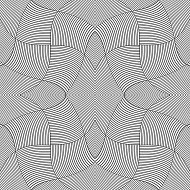 Dalgalı çizgilerin soyut deseni ya da dalgalı üç boyutlu kabartmalı siyah ve beyaz çizgilerin arka planı. Vektör bükülmüş çizgili modern trend 3D görsel efekt, hareket yanılsaması, eğrilik. Pop sanat tasarımı. Soyut Siyah ve Beyaz Geometrik.