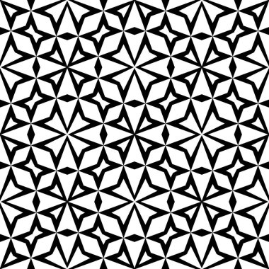 Geometrik süslemeli soyut, dikişsiz desen, vektör çizimi. Soyut, kusursuz desen. Modern stil dokusu. Tek renkli geometrik desen. İnce kıvrımlı ağ örgüsü. Basit geometrik desen çizgileri. Örnekler Memphis desenlerini gösteriyor.