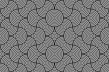 Vektör soyut dikişsiz desen. Modern geometrik arkaplan. Çizgili eşmerkezli eşmerkezli dairelerin arka plan süslemesi ile tekrarlanan tek renkli desen. Çapraz ile tek renkli arkaplan. Siyah ve beyaz tarafından oluşturulan soyut yarım ton deseni.