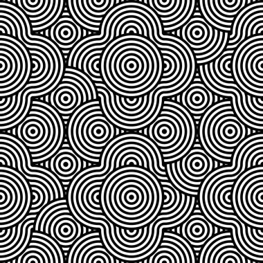 Vektör soyut dikişsiz desen. Modern geometrik arkaplan. Çizgili eşmerkezli eşmerkezli dairelerin arka plan süslemesi ile tekrarlanan tek renkli desen. Çapraz ile tek renkli arkaplan. Siyah ve beyaz tarafından oluşturulan soyut yarım ton deseni.