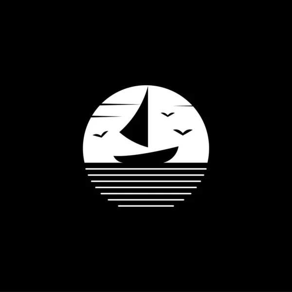 Segelfartyg Ikon Logotyp Mitten Havet Och Månen — Stock vektor