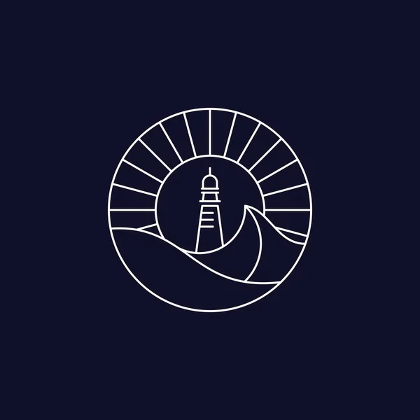 Faro Torre Logo Con Onde Gabbiani Vista Linea Stile Art — Vettoriale Stock