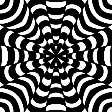 Siyah ve beyaz arka planda optik bir illüzyon olan 3D operasyon sanatı. Satranç tahtası eğri desenli duvar kağıdı. 