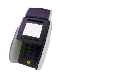 Ödeme özelliği için yeni bir yüksek teknoloji, modern büyük süpermarket, dükkan, kafe, süpermarket, beyaz arka planda izole zincirlerin giderek yaygınlaşan bir özelliği.