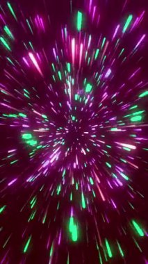 Soyut yıldız patlaması, neon ışınları fütüristik araştırması. Enerji parçacıkları döngü animasyonu ile hareket ediyor. Neon ışıkları arka planda. Dikey video