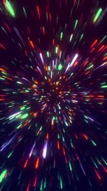 Soyut yıldız patlaması, neon ışınları fütüristik araştırması. Enerji parçacıkları döngü animasyonu ile hareket ediyor. Neon ışıkları arka planda. Dikey video