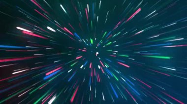 Soyut yıldız patlaması, neon ışınları fütüristik araştırması. Enerji parçacıkları döngü animasyonu ile hareket ediyor. Neon ışıkları arka planda. 4K video