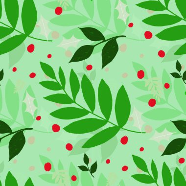 Noel yeşili yaprak desenleri, kırmızı noktalı, Noel bayramı duvar kağıdı, holi temalı arka plan. Kart, hediye paketi, broşür, broşür vs. için fikirler.,