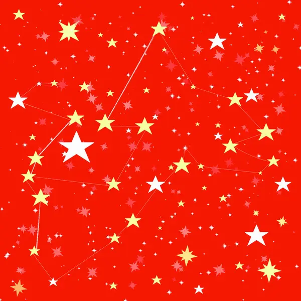 Noel yıldızları deseni, hediye paketi ve kırmızı arka planda Noel süslemeleri. 