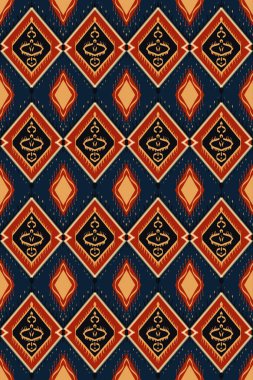 Geleneksel kırmızı, lacivert ve krem rengi arka planda tekrarlanan elmas şekilli soyut etnik motif kabile tasarımı. Kumaş deseni, yastık kılıfı, sanat dekoru vs. kullanılabilir., 