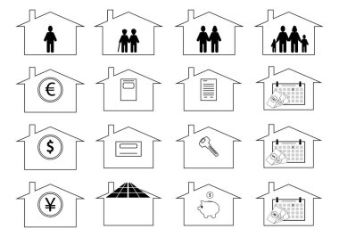Ekonomi, emlak, enerji, sosyal, tasarruf, kira, fiyatlandırma ve ipotek temaları için kullanılan konut simgeleri veya sembolleri