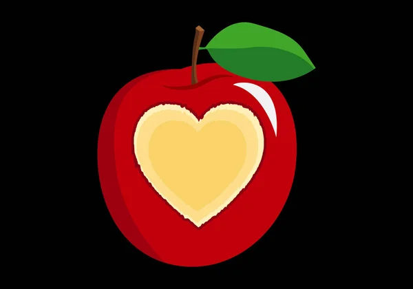 Czerwone Jabłko Ukąszeniem Kształcie Serca Czarnym Tle — Wektor stockowy