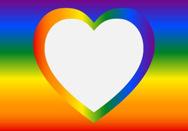 Çerçeveli beyaz kalp ve LGTBI bayrağının renkleriyle arka plan