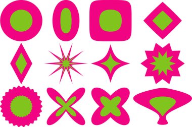 Fuşya ve yeşile boyanmış ikon. daire, elips, yuvarlak kare, eşkenar dörtgen, yıldız, çiçek ve balık