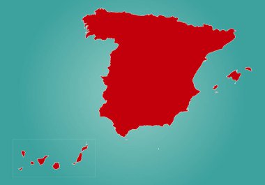 Map of the Spanish territory, peninsula, Canary Islands, Balearic Islands, Ceuta and Melilla in red on a green gradient background representing the sea clipart