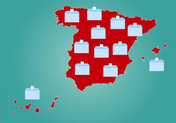 Wybory Miejskie Hiszpanii Mapa Hiszpanii Urną Głosowania Kartą Głosowania — Wektor stockowy