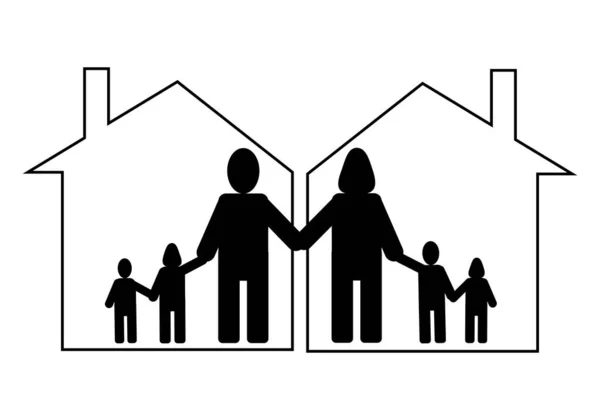 stock vector Icon of single-parent families with a new partner but who do not live together, each one lives in their respective houses.