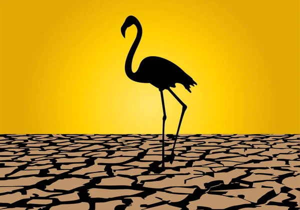干物だ クラックされた地球と背景の太陽の上にフラミンゴの黒いシルエット 気候危機 気候変動 熱波だ 自然災害 — ストックベクタ