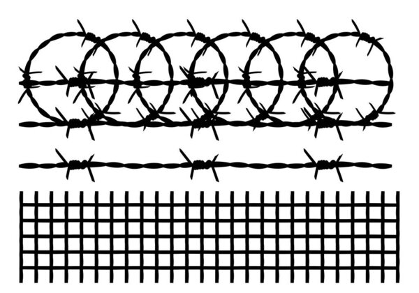 Types of wire fence, circular, linear and square on white background