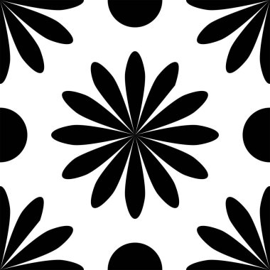 Siyah ve beyaz çiçek desenleri. 12 yaprak ve siyah halkalardan oluşan çiçek deseni
