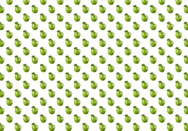 Beyaz arka planda yaprağı olan yeşil elmaların baskısı. Yeşil elmalı tekstil tasarımı