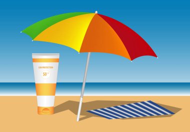 Kumlu plaj manzaralı güneş kremi reklamı, renkli şemsiye ve mavi-beyaz çizgili havlu.