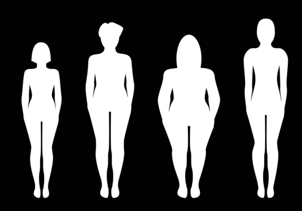 Feuille Icônes Silhouettes Femmes Teint Différent Blanc Sur Fond Noir — Image vectorielle