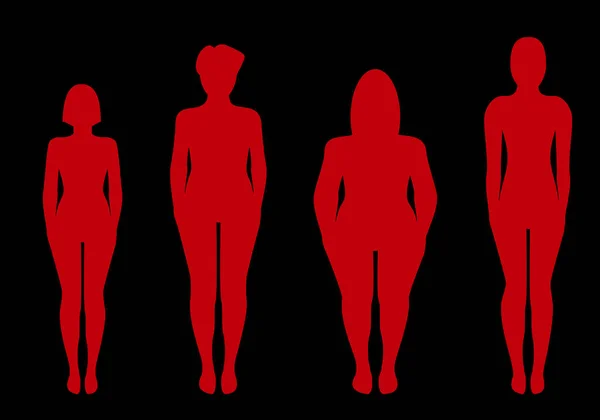 Fyra Silhuetter Kvinnor Med Olika Rött Svart Bakgrund Könsvåld Kvinnliga — Stock vektor