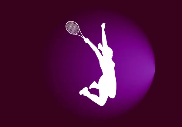 紫色の勾配の背景にあるテニスプレーヤーの白いシルエット — ストックベクタ