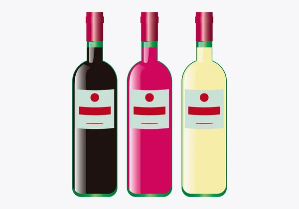 Εικόνα Τρία Μπουκάλια Κόκκινο Ros Και Λευκό Κρασί Αλκοολούχο Ποτό — Διανυσματικό Αρχείο