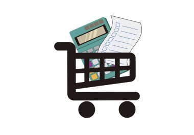 Süpermarket arabası, hesap makinesi ve alışveriş listesi olan akıllı bir alışveriş simgesi