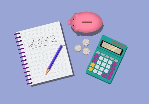 Domuz kumbarası, bozuk paralar, hesap makinesi, kalem ve üzerinde yazı olan defter. Finansal eğitim. Yurt içi tasarruflar. Hesap oluştur