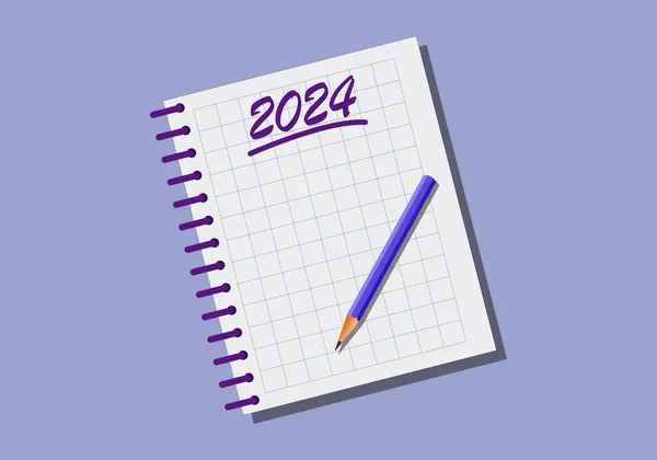 2024 için kararlar. Yeni yılın kararlarını yazmak için başlık ve kalem olarak 2024 yılını yazan şebeke defteri