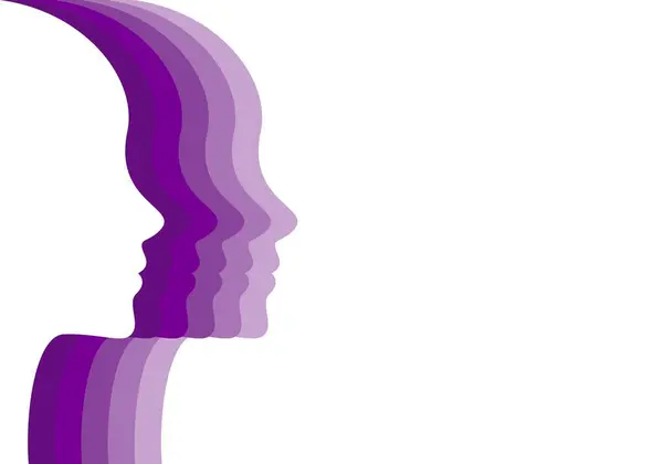 Geçmişinde farklı mor tonlarda bir kadının yüzünün silueti var. Kadınlar Günü şablonu