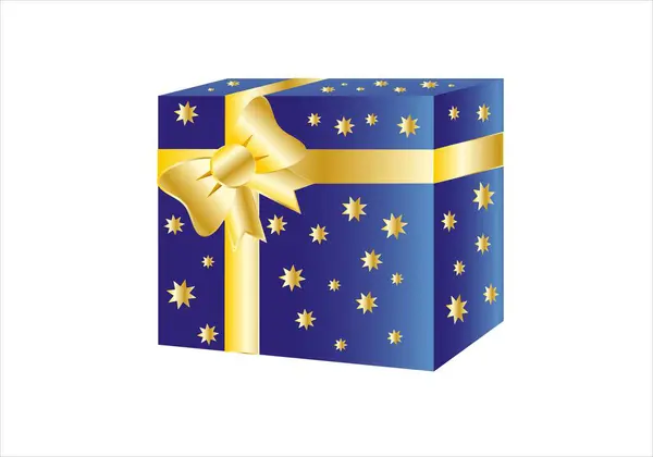 Parlak mavi ambalaj kağıdı, yıldızlar, altın bir yay ve altın bir yay. Noel, doğum günü ya da herhangi bir kutlama hediyesi