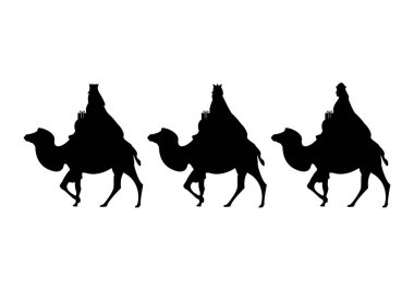 Üç Bilge Adam 'ın siyah silueti. Hediyeleri ve develeri var. 3 Bilge Adam 'ın Noel Festivali