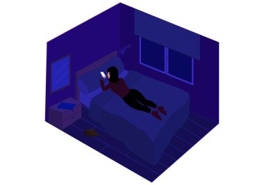 Genç bir kız ya da genç bir adam geceleri cep telefonuna bakar ışıklar kapalıyken ve yatakta yatarken. Gençlik ve teknoloji kötüye kullanılıyor.