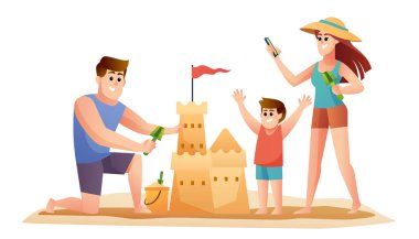 Aile babası ve oğlu kum kale karikatürü çiziyor. Yaz tatili konseptinde aile çizimi