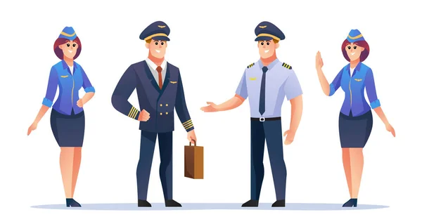 Pilóta Légiutas Kísérő Karakterkészlet Barátságos Pilóta Stewardess Vektor Illusztráció — Stock Vector