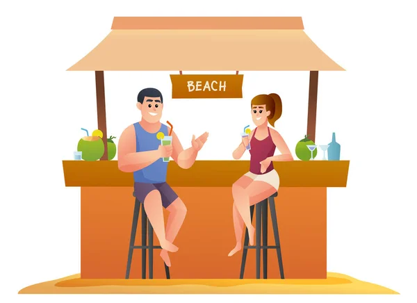 ビーチカフェでドリンクを楽しむカップルベクトルイラスト 男性と女性の夏休みのコンセプトキャラクター — ストックベクタ