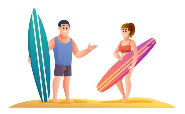 Mannen Vrouwen Surfer Personages Paar Surfers Vakantie Concept — Stockvector