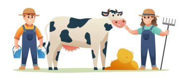 Süt ineği ve buğday karikatürlü inek çiftçisinin tatlı oğlu ve kızı.