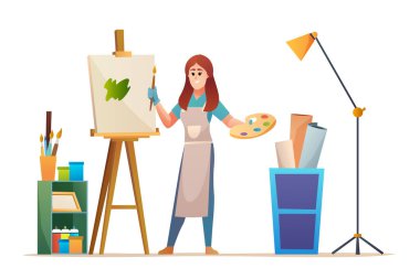 Stüdyo konseptinde tuvale resim yapan kadın ressam