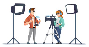 Stüdyo illüstrasyonunda video ekipmanlı profesyonel erkek ve kadın videograf