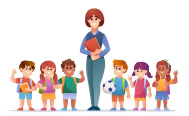 Neşeli öğretmen ve çocuk öğrenci karakter seti